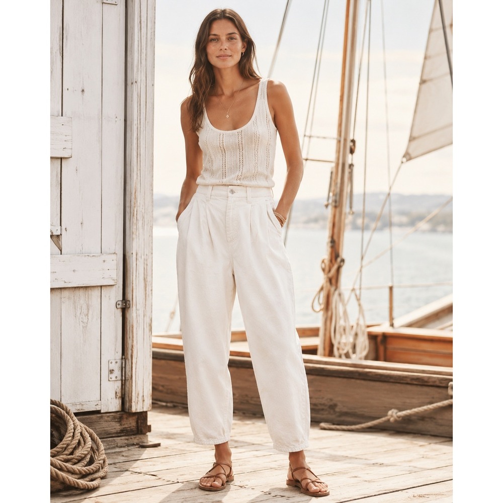ZARA High Waisted Balloon Leg Pleated Denim‎ Pants Jeans Ivory Ecru Off White 32